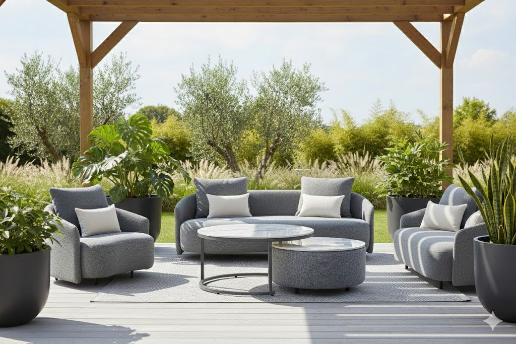Gray outdoor lounge seating set with two sofas, two chairs, and round coffee table