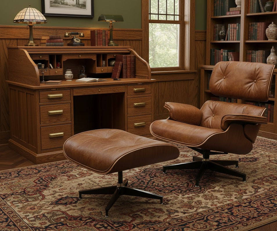 Cognac leather lounge chair with ottoman, recline design and black metal swivel legs
