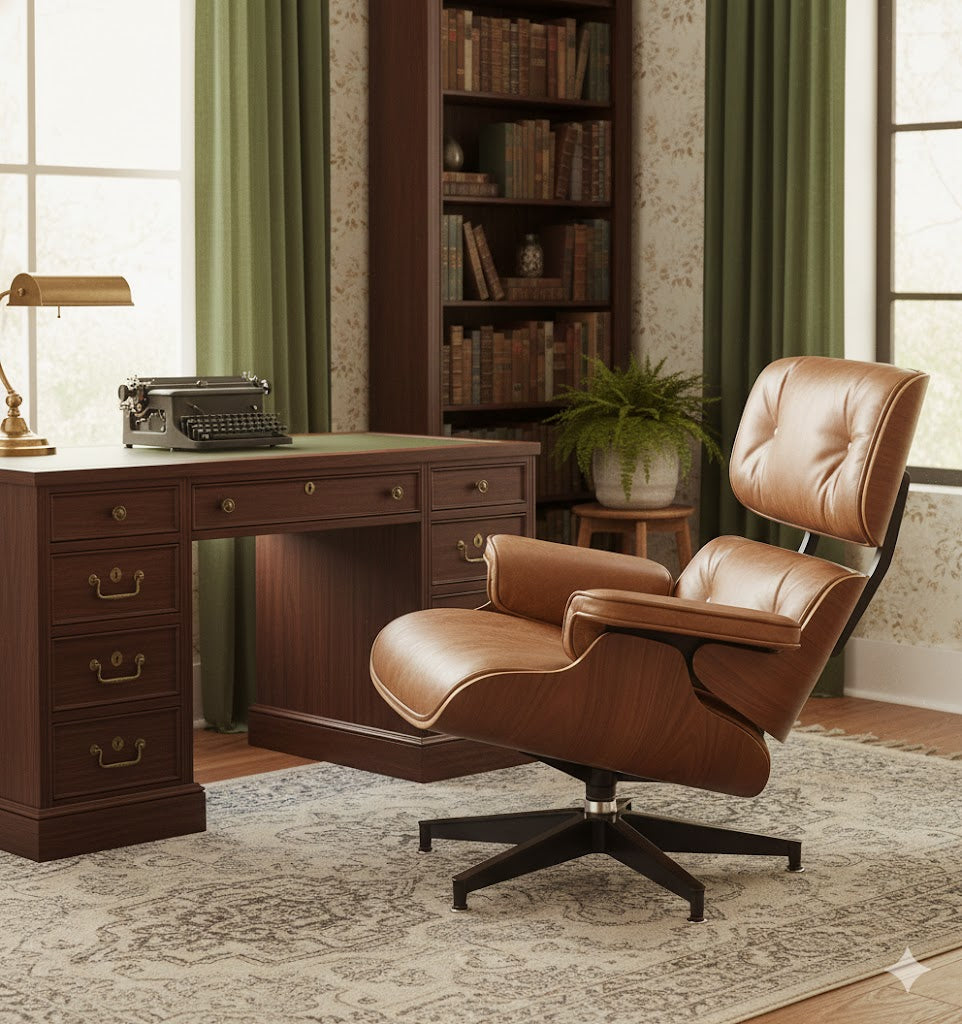 Tan leather office lounge chair with matching ottoman, padded headrest and armrests