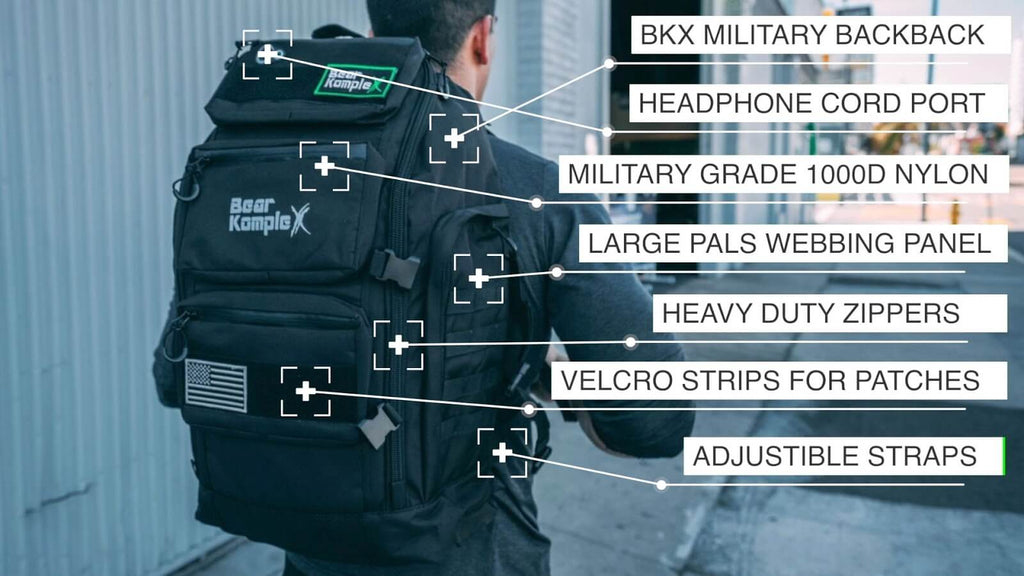 Dark green military backpack with large webbing panel and Velcro patch areas