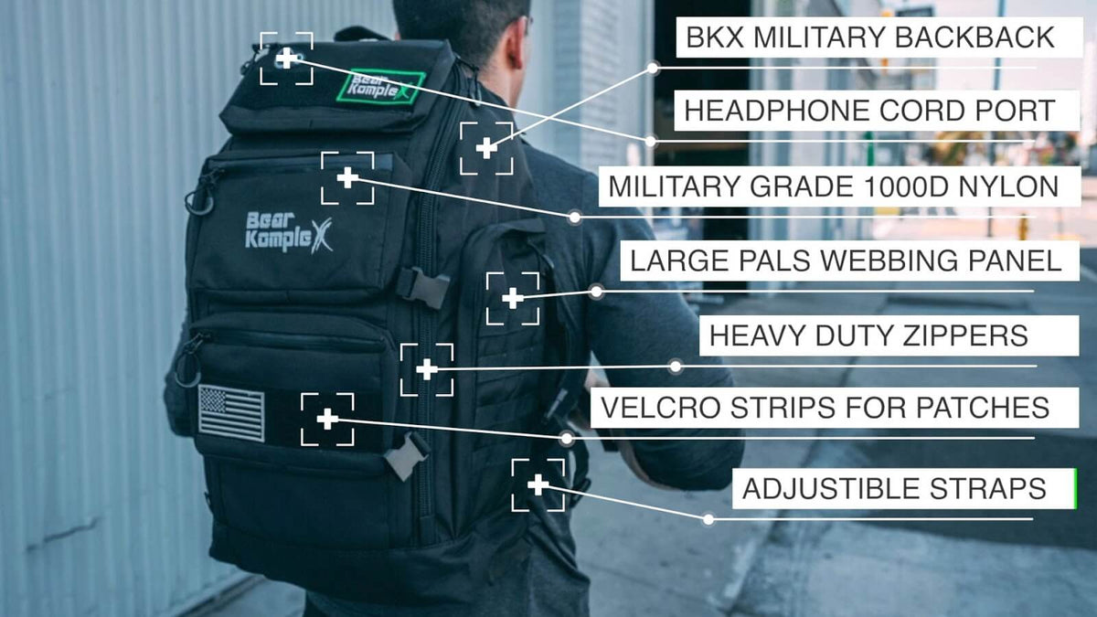 Dark green military backpack with large webbing panel and Velcro patch areas