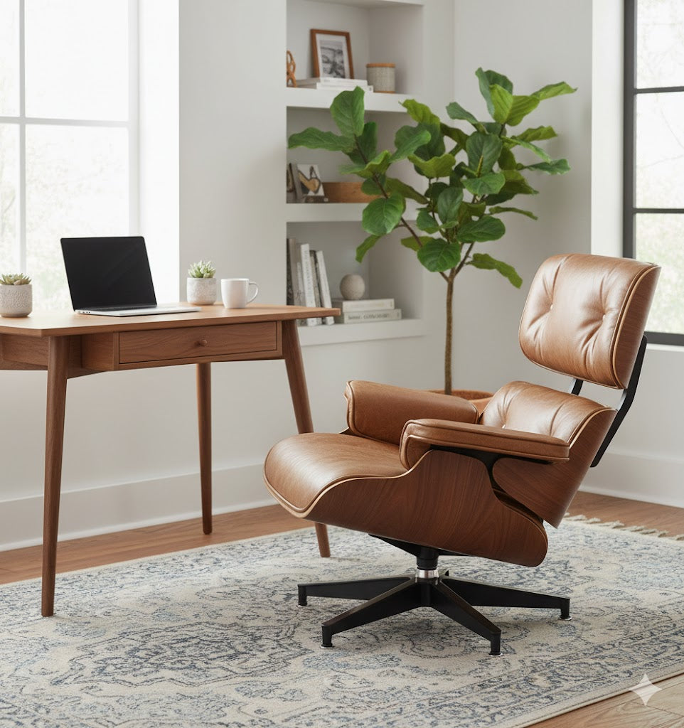Tan leather lounge chair with ottoman, recline look, rounded arms, and swivel base