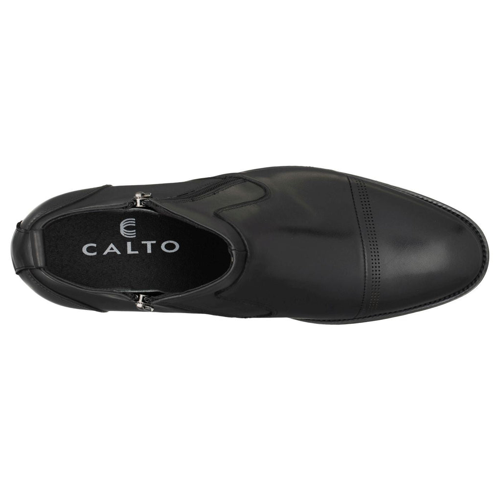 Black CALTO ankle boots with side zipper and round toe, top view