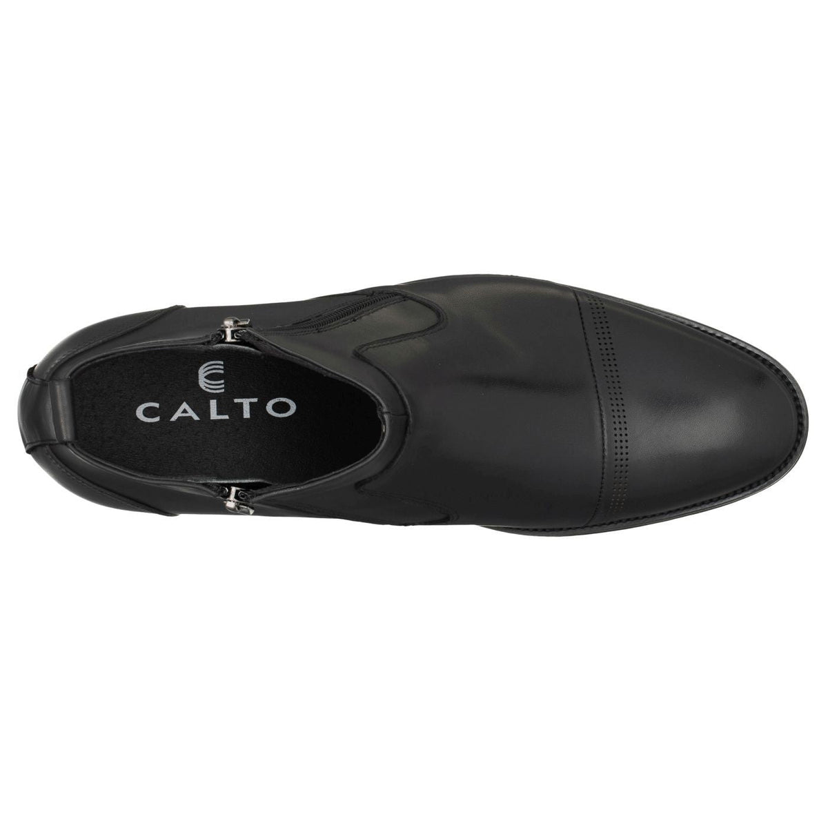 Black CALTO ankle boots with side zipper and round toe, top view