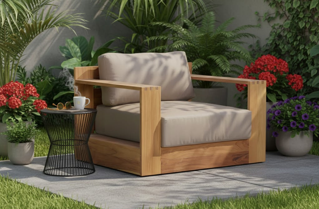 Outdoor teak revolving chair with beige seat cushion and tall backrest