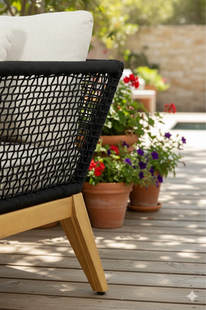 Outdoor arm chair armrest with black woven rope and teak wood leg, white cushion