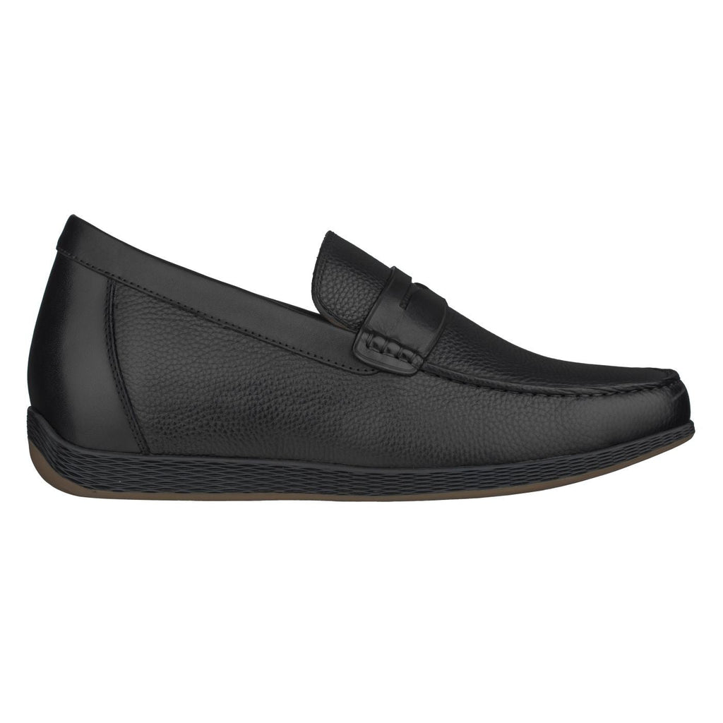 Black penny loafer elevator shoes, side view with buckle strap detail and cushioned sole