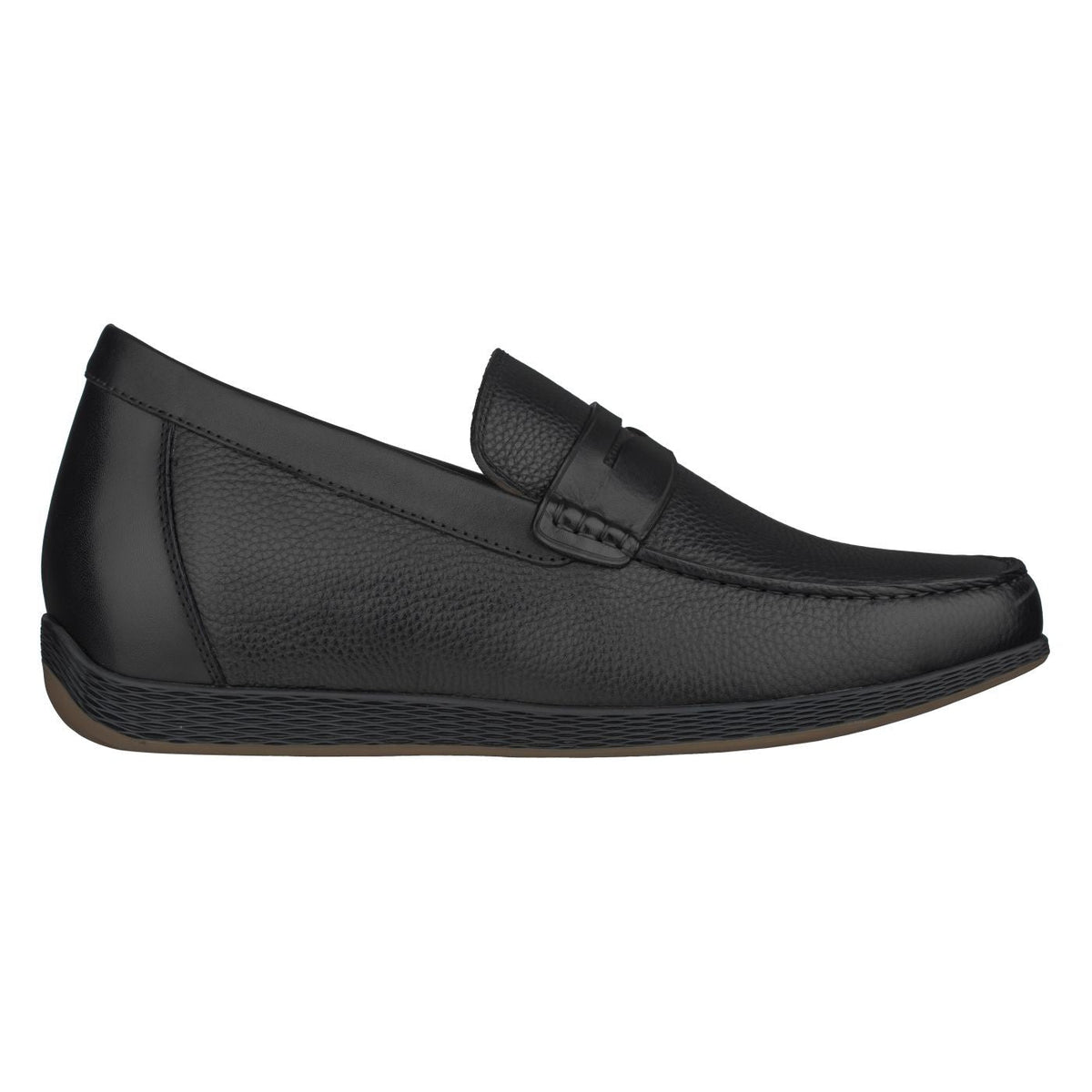 Black penny loafer elevator shoes, side view with buckle strap detail and cushioned sole