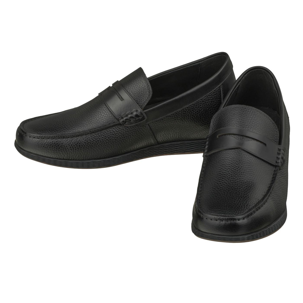 Pair of black penny loafer elevator shoes, one angled front and one side view
