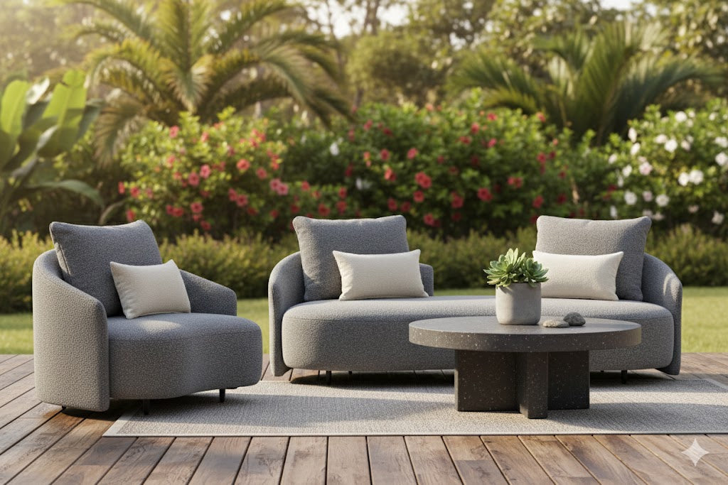Gray outdoor sofa and armchair set with two matching pillows and round coffee table
