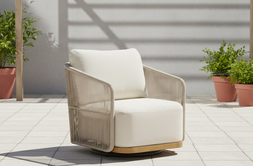 Outdoor swivel arm chair with beige fabric seat and light beige wicker frame, teak base
