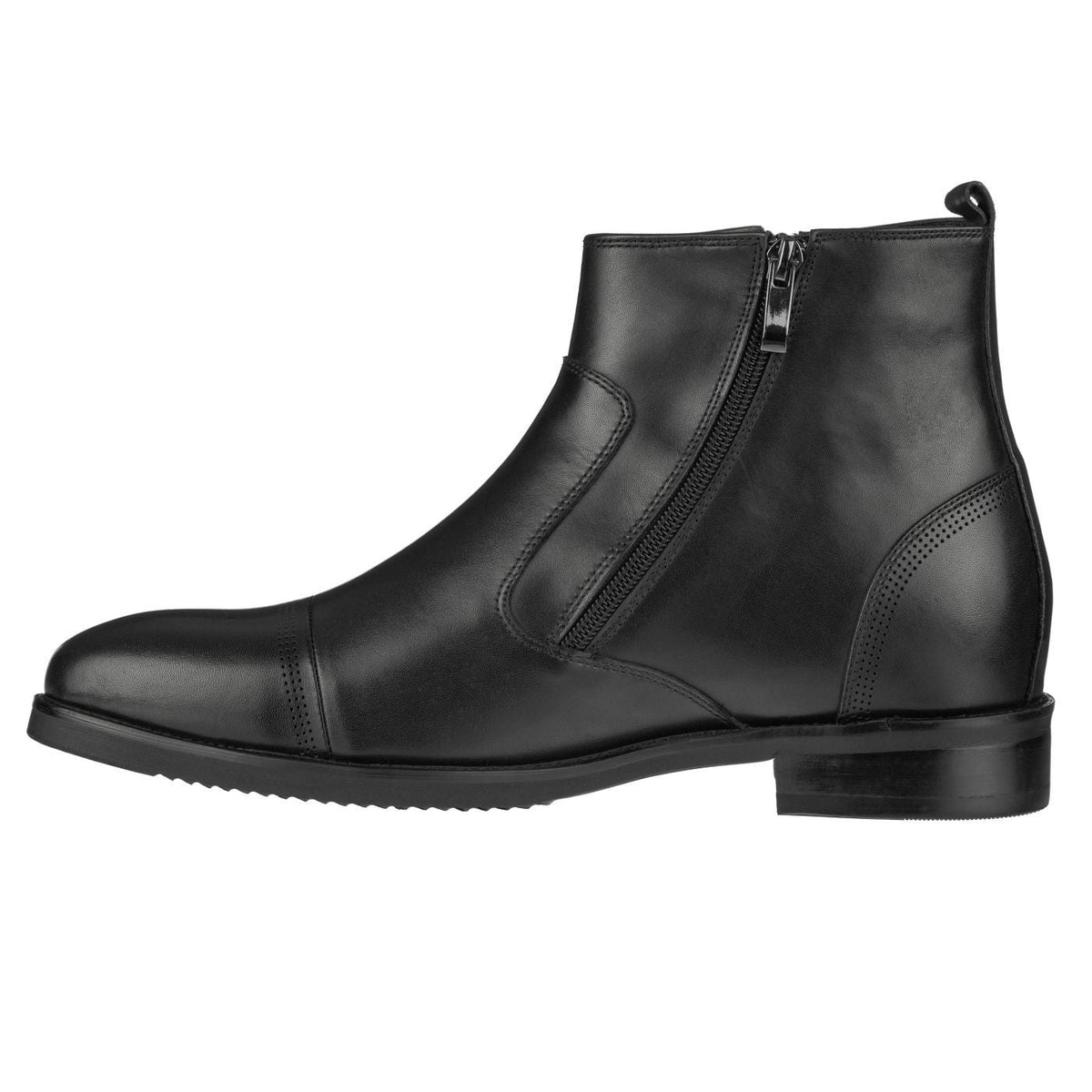Black leather-look ankle boots with side zipper and stitched panel accents