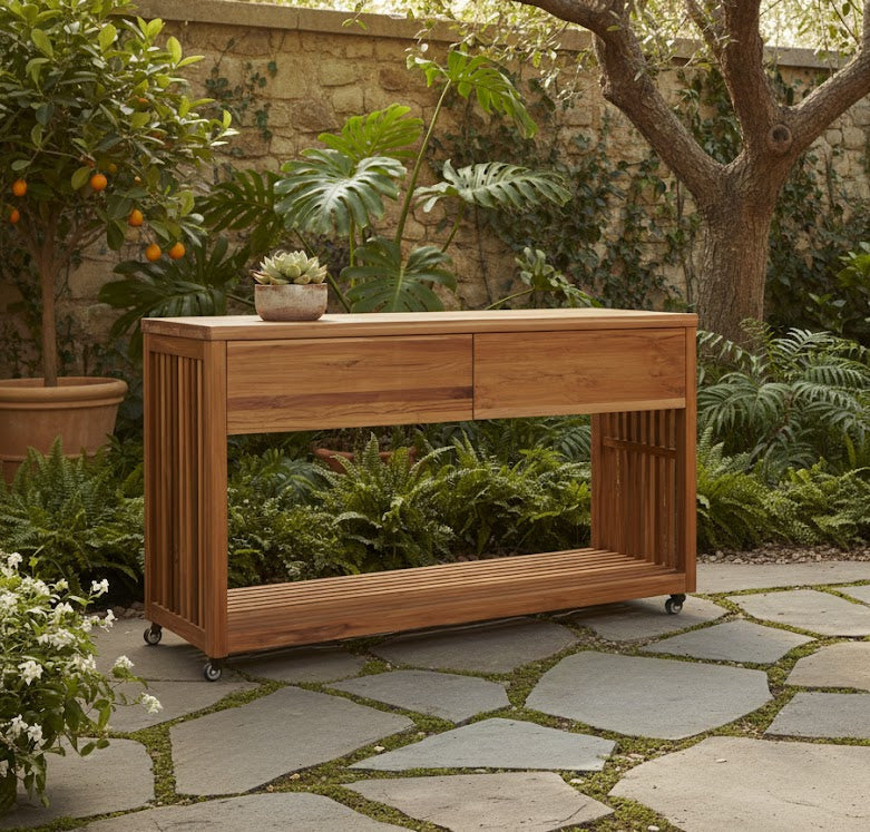 Outdoor teak kitchen island with drawer, open lower shelf, and slatted side panels