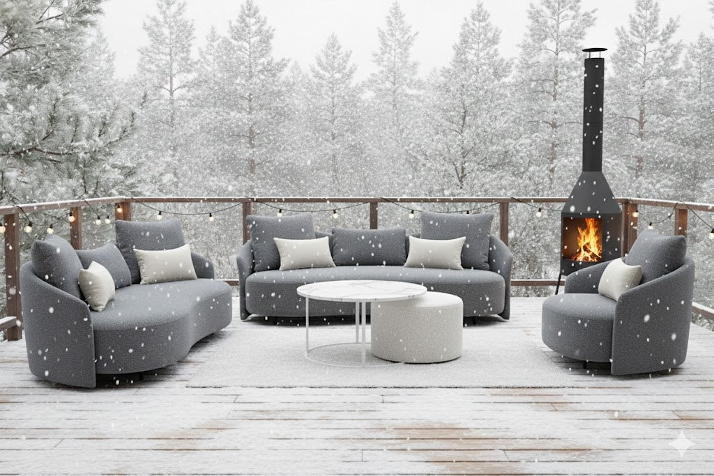 Gray outdoor lounge set with two chairs, central sofa, and round coffee table
