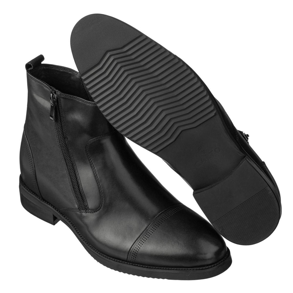 Black ankle boots with side zipper and textured tread sole, rear angle