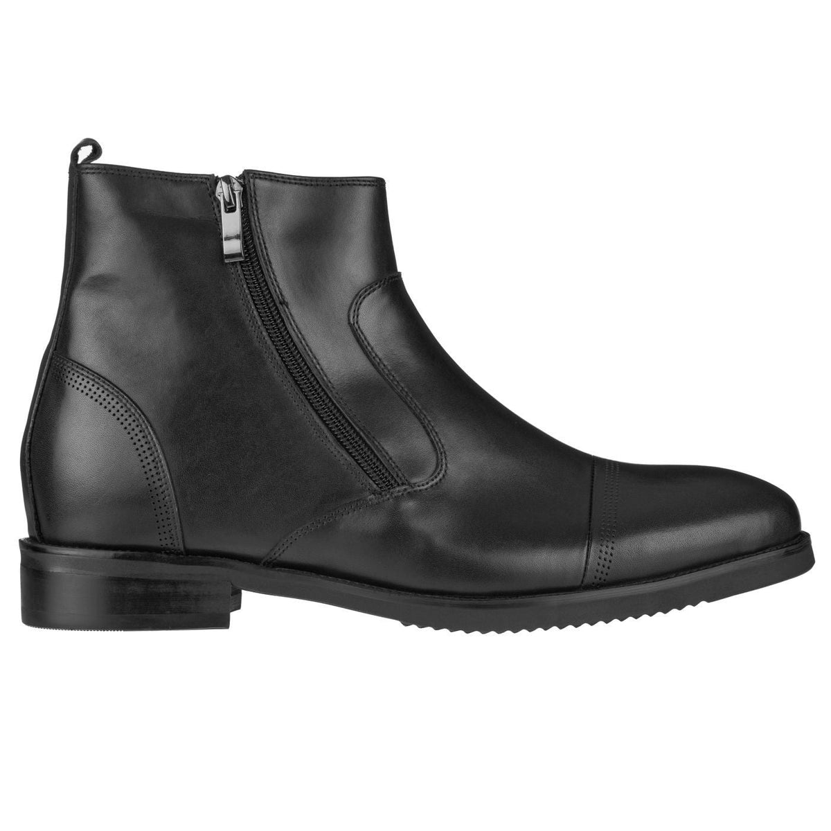 Black ankle boots with side zipper, perforated detail, and low heel