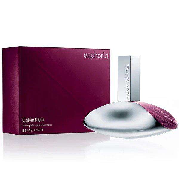CK Euphoria eau de parfum bottle with maroon box and silver cap