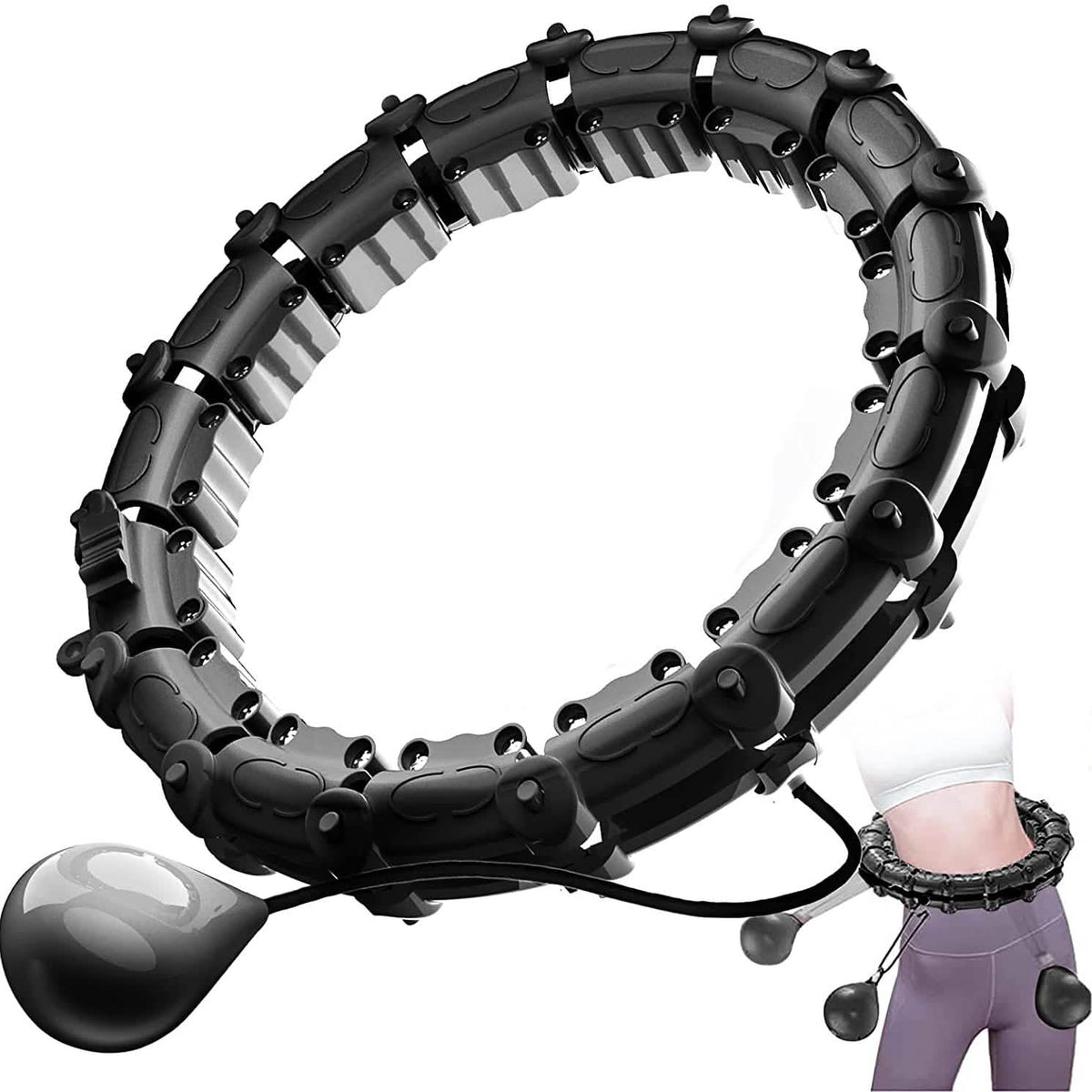 Black weighted smart hula hoop with round segments and controller