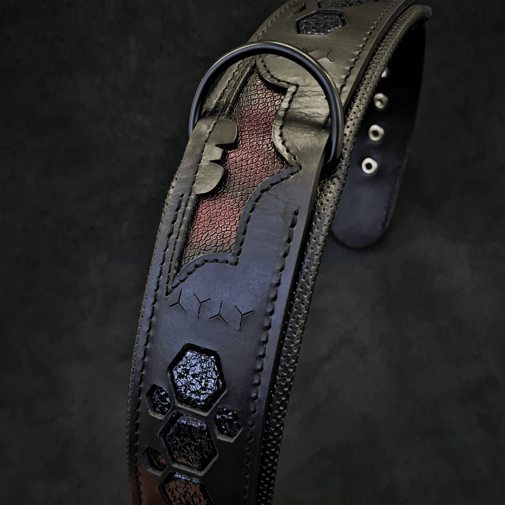 Batman-themed leather dog collar, dark navy with embossed bat and hex studs