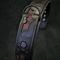 Batman-themed leather dog collar, dark navy with embossed bat and hex studs