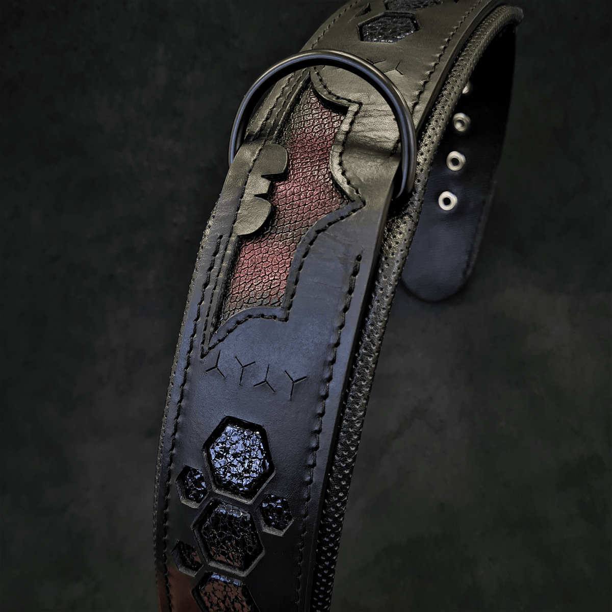 Batman-themed leather dog collar, dark navy with embossed bat and hex studs