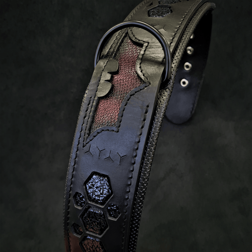 Batman-themed leather dog collar, dark navy with embossed bat and hex studs