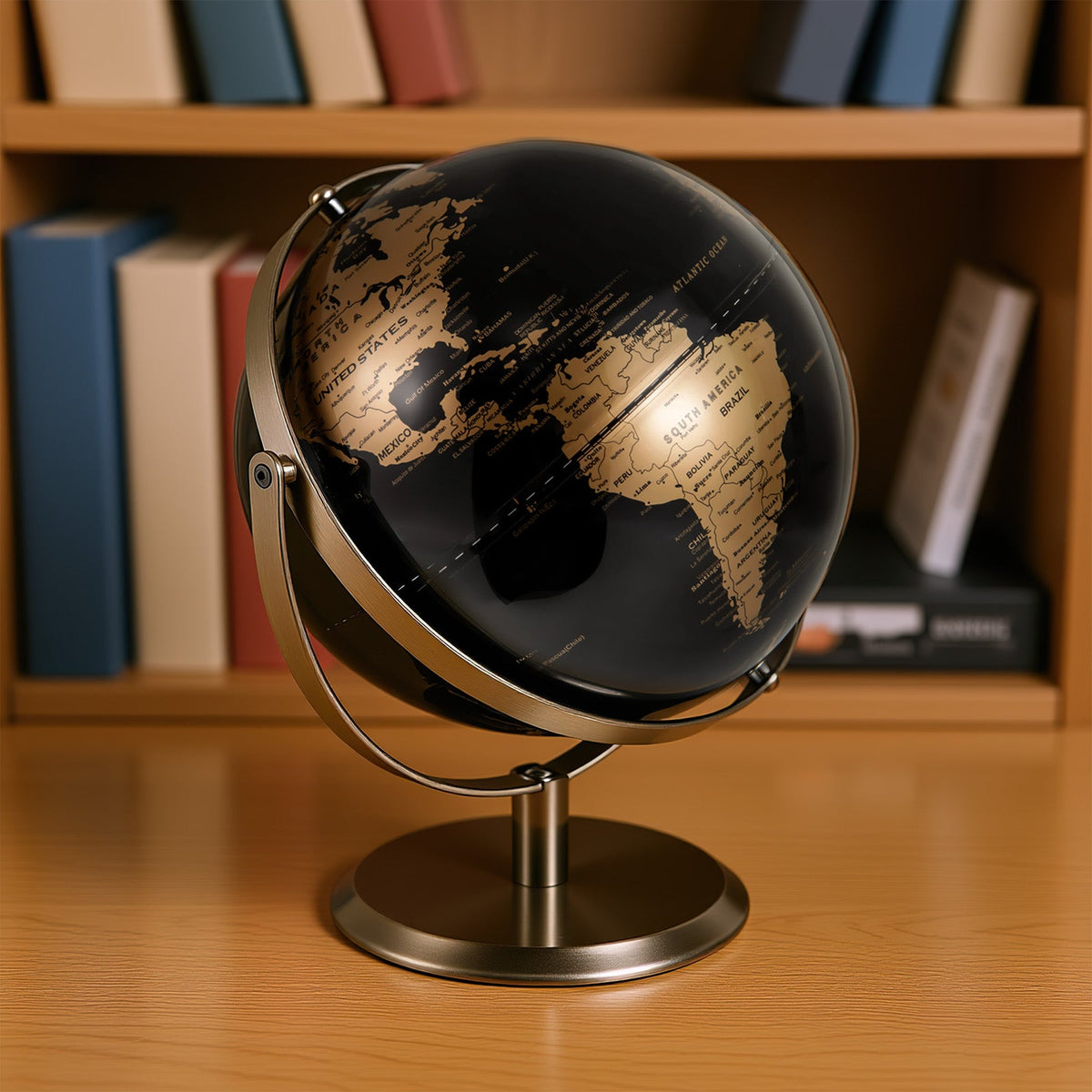 Metallic black globe with gold ring mount and round gold base stand
