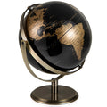 Metallic black world globe on gold pedestal stand with ring handle frame