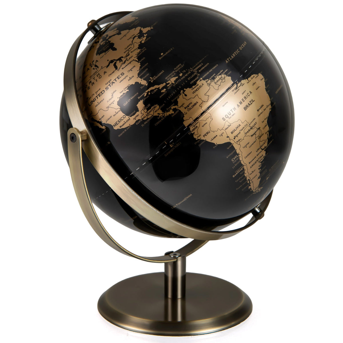 Metallic black world globe on gold pedestal stand with ring handle frame