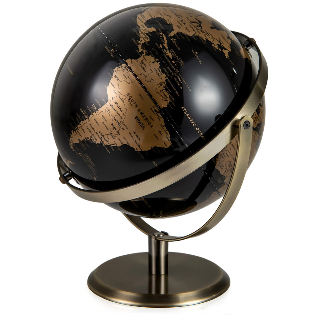 Close view of metallic black world globe on gold base stand and side ring