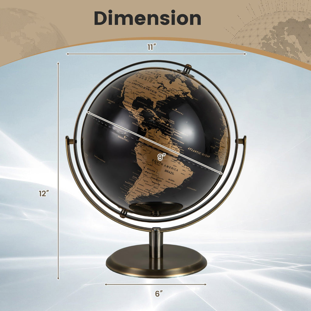 9-inch metallic black world globe with gold metal base stand