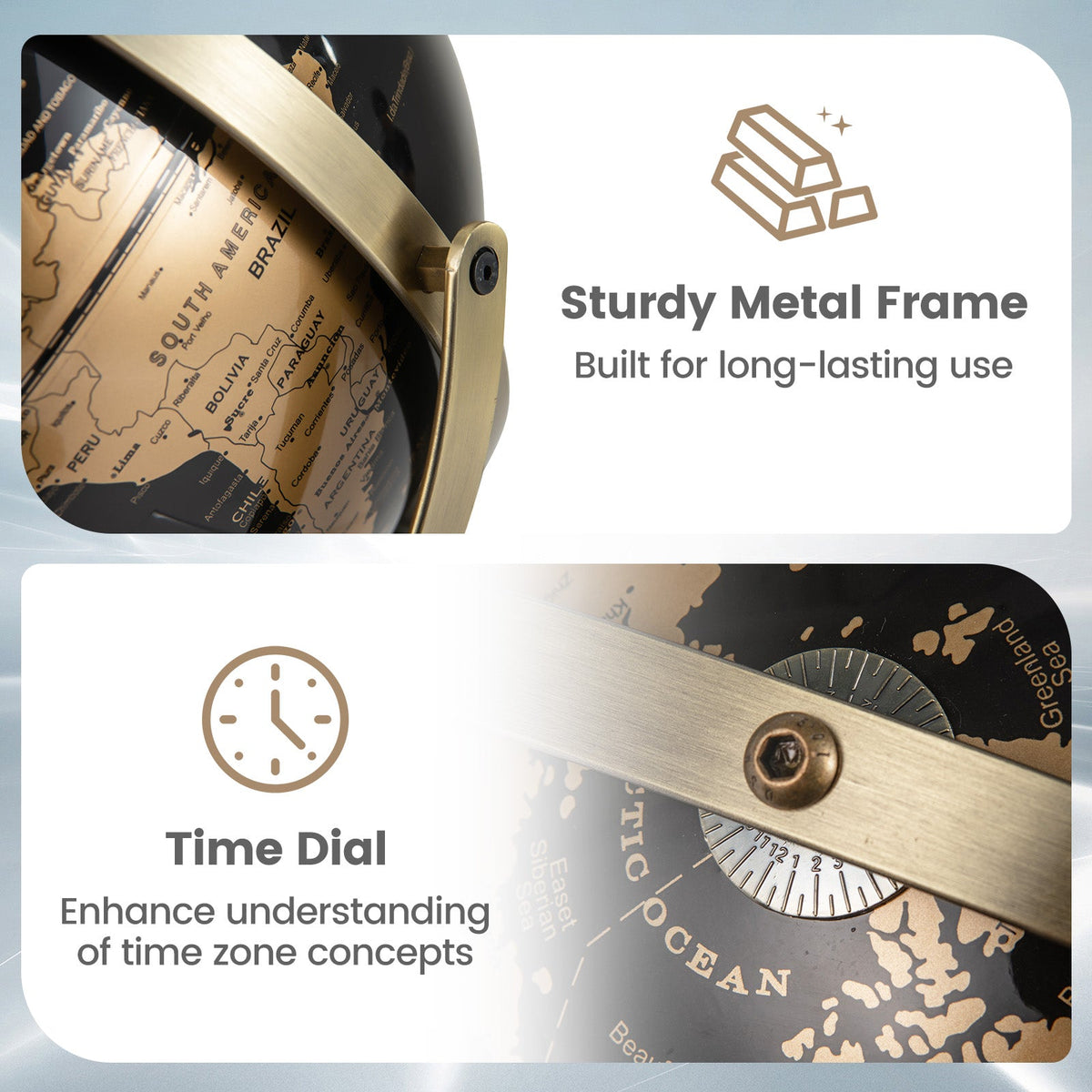 Close-up of gold-toned metal frame and bezel on metallic black globe stand