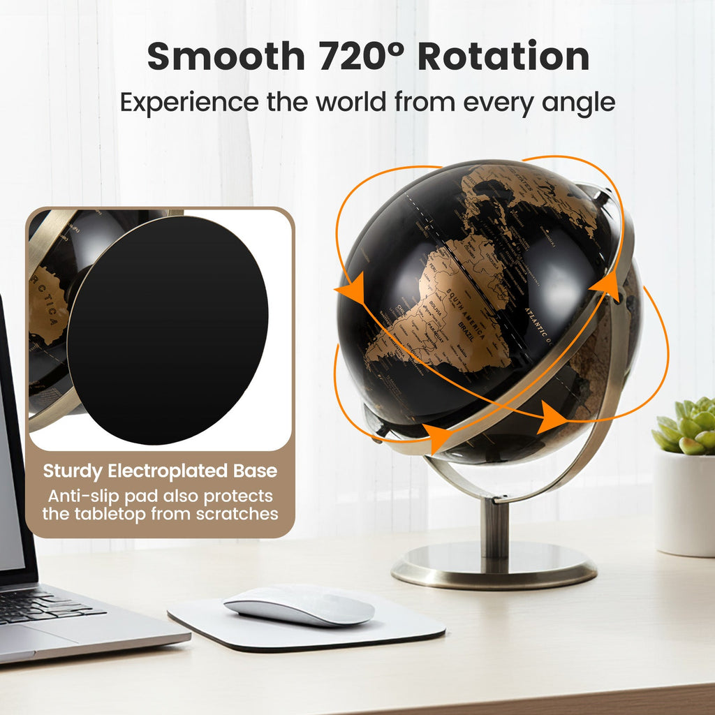 Metallic black world globe on gold base stand with ring for smooth rotation