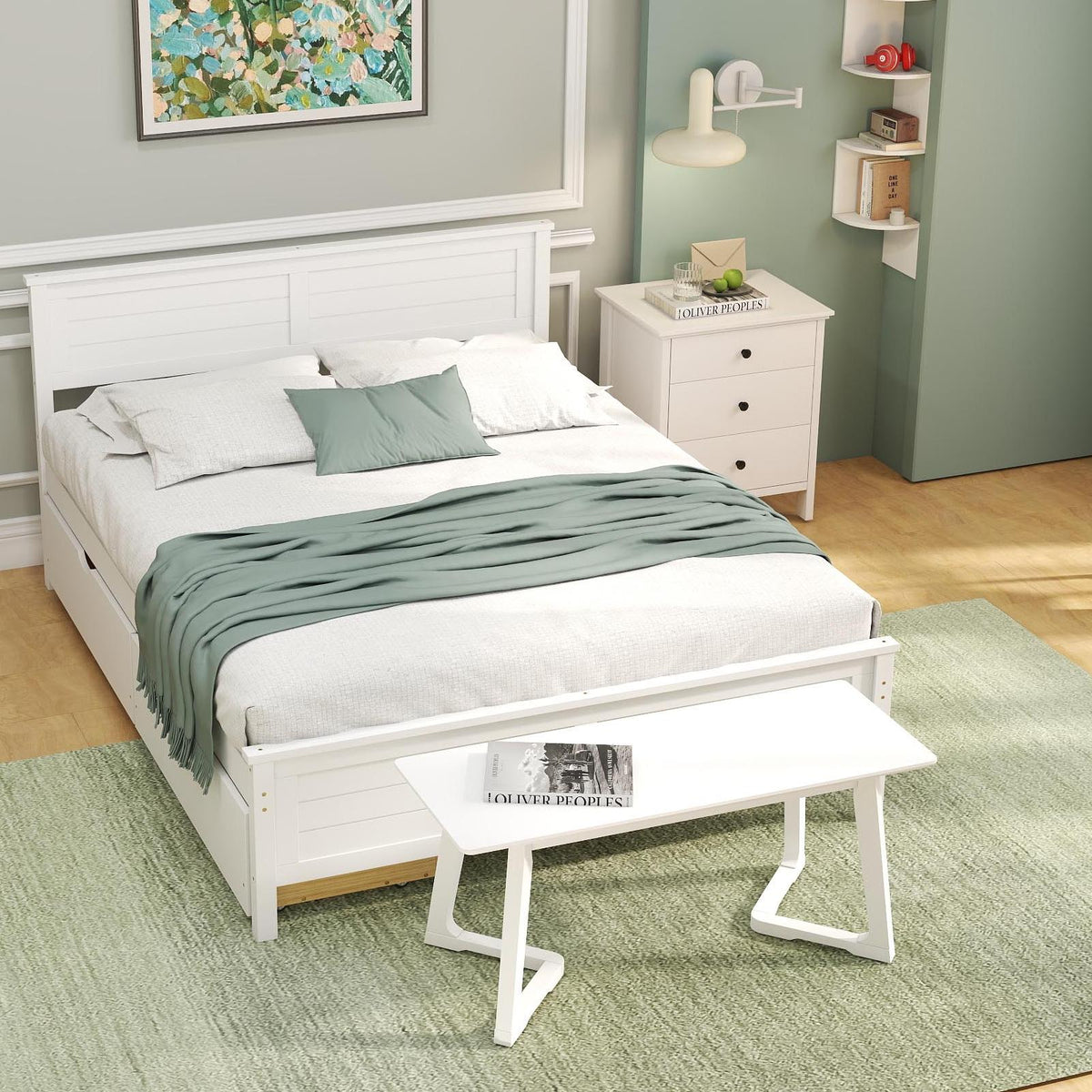 White twin bed frame with green bedding and matching white bench