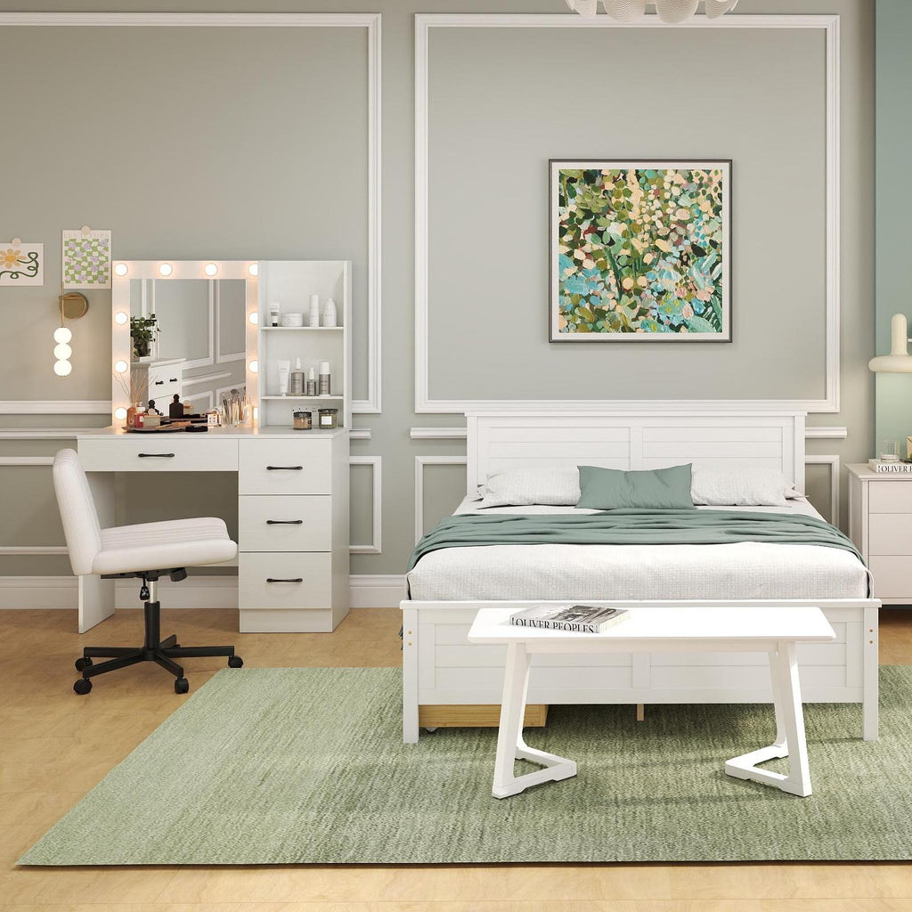 White twin bed frame with slatted headboard and front storage bench