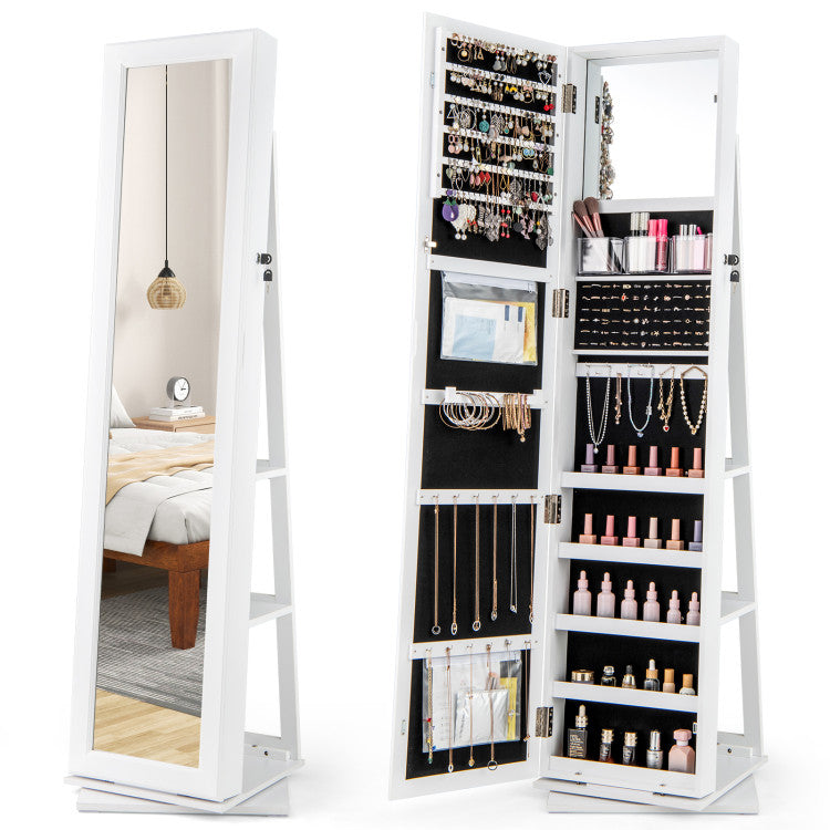 White jewelry armoire with mirrored doors and open accessory compartments