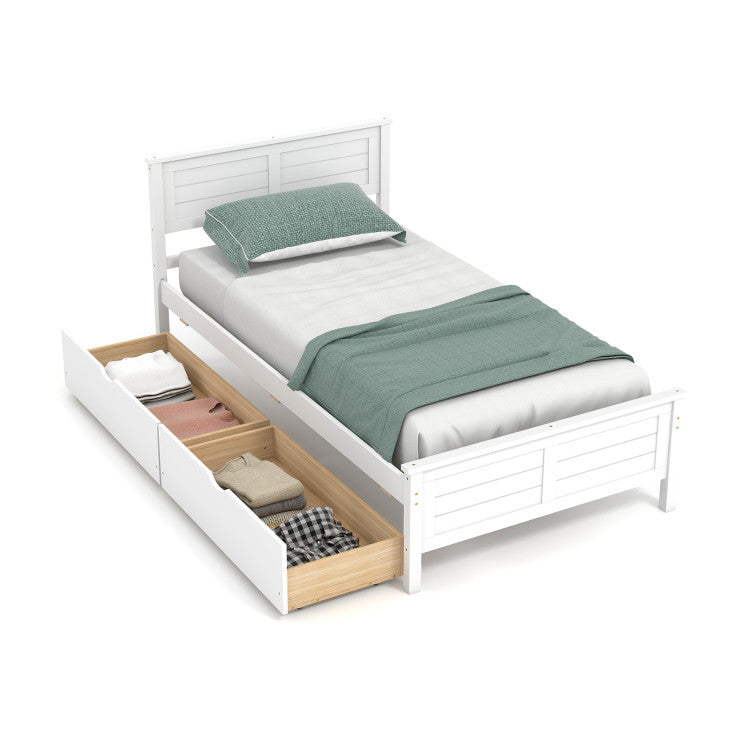 White twin bed frame with open storage drawer and slatted headboard