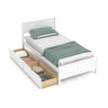 White twin bed frame with open storage drawer and slatted headboard