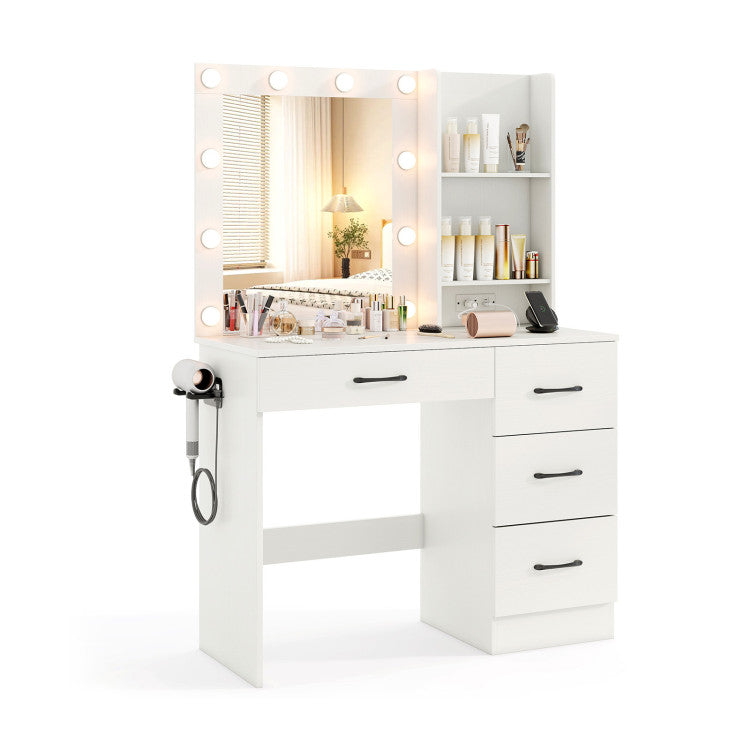 White vanity desk set with tabletop, drawers, and lighted mirror