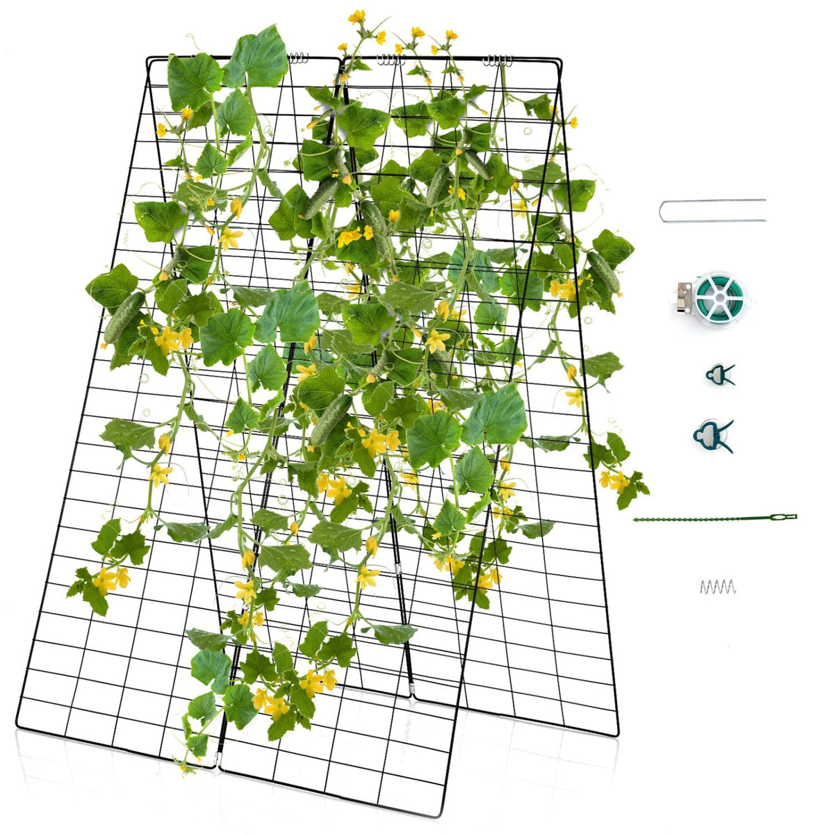 Black A-frame wire trellis holding climbing vines with included cable ties