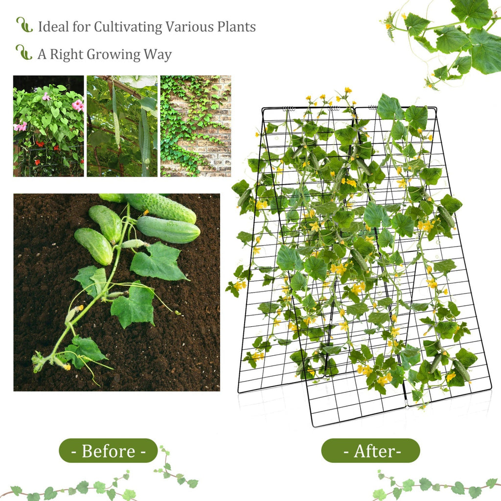 Black A-frame wire trellis supporting green vines in an outdoor planting bed