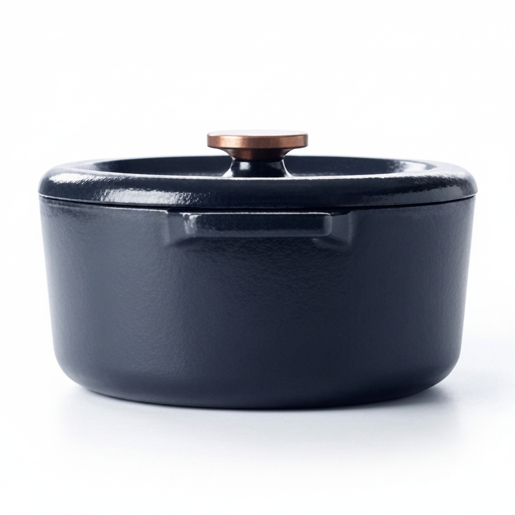 Closed dark navy enameled cast iron Dutch oven with copper knob and side handles.