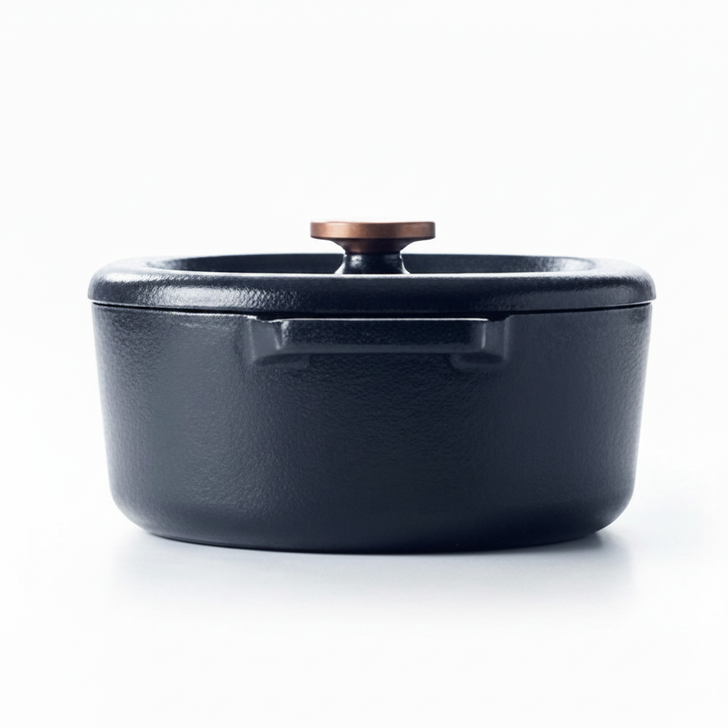 6-qt oval enameled cast iron Dutch oven with lid and copper knob, dark blue
