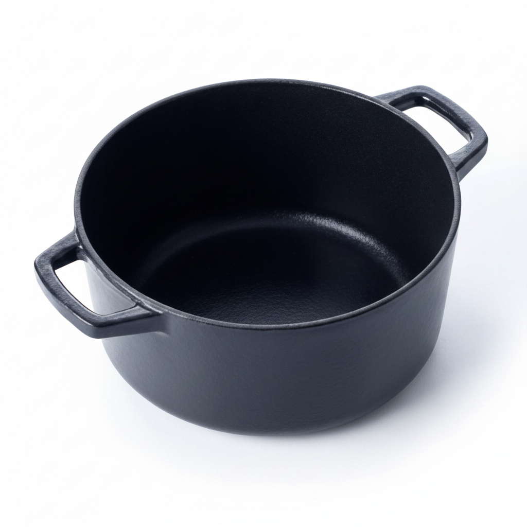 Dark navy enameled cast iron Dutch oven pot, round shape with two side handles.