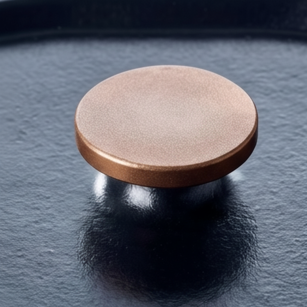 Copper lid knob on dark blue enameled Dutch oven lid, rounded metal cap