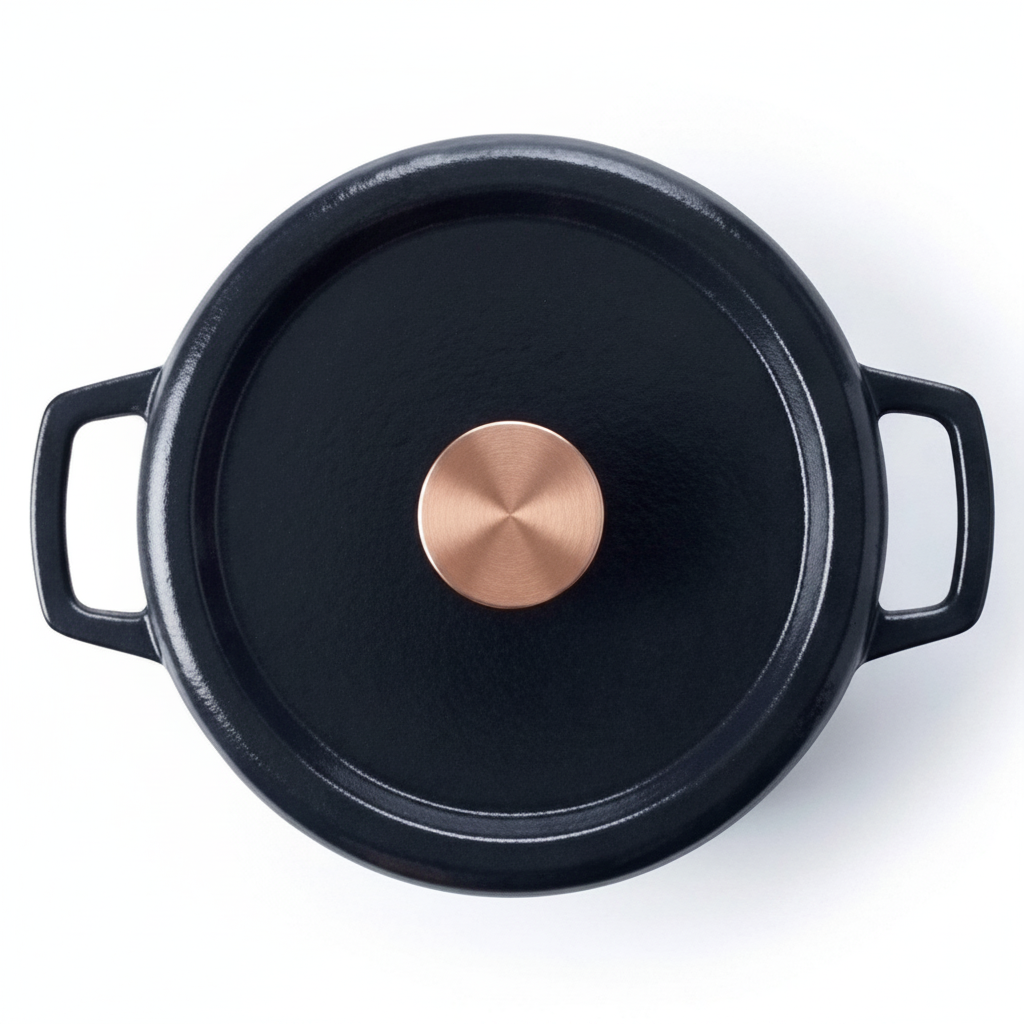 Round dark navy Dutch oven lid with centered copper knob and two side handles.