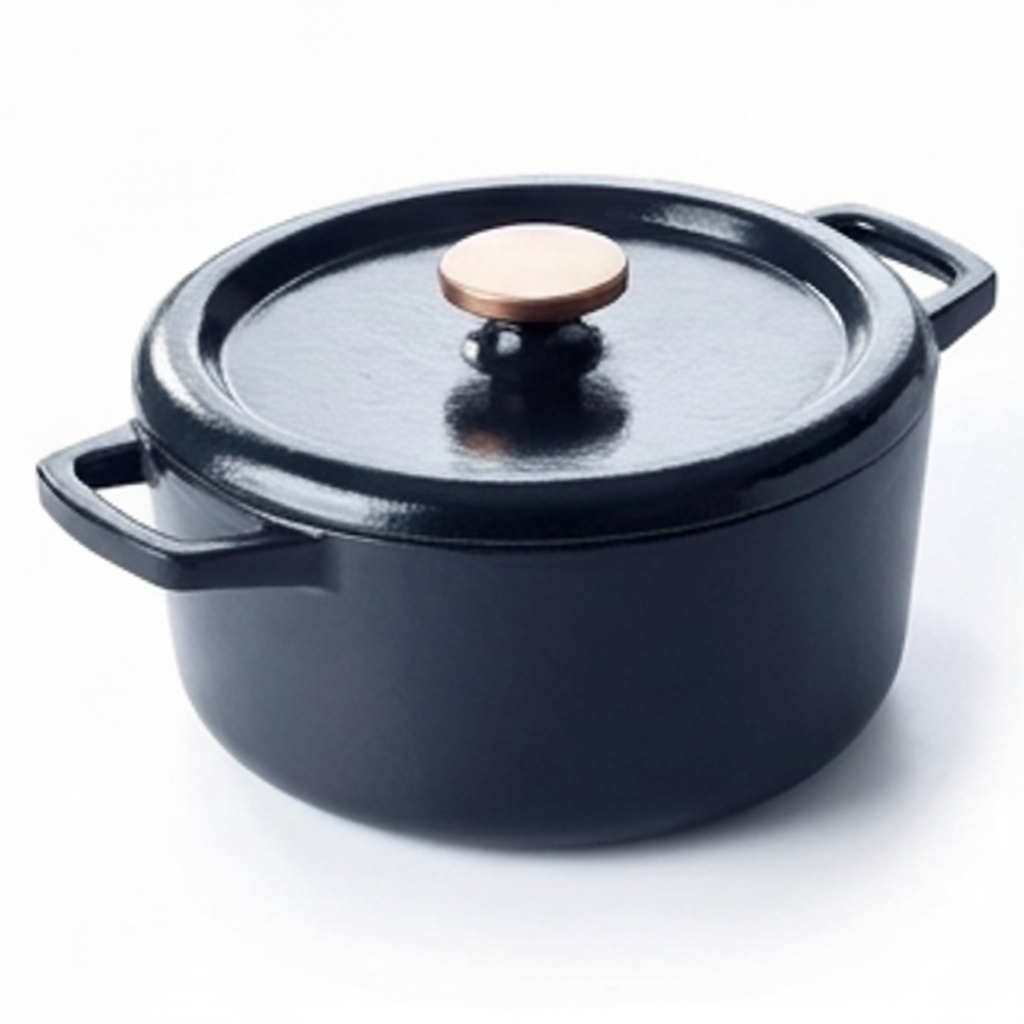 Dark navy enameled cast iron Dutch oven with lid and copper knob, side handles.