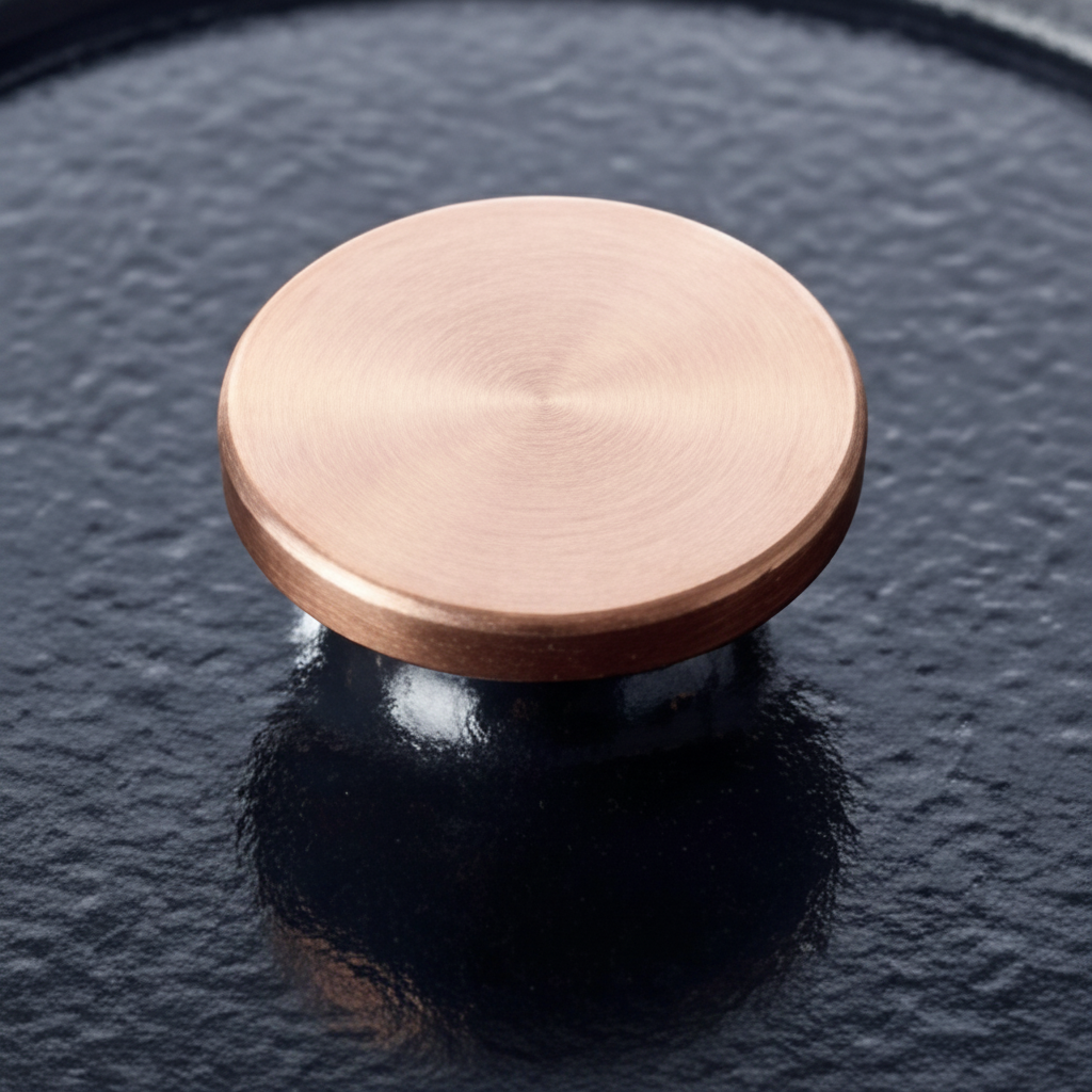 Round dark navy Dutch oven lid with copper knob and glossy enameled finish.
