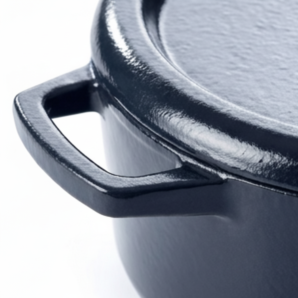 Dutch oven side handle and lid rim detail on dark navy enameled cast iron.