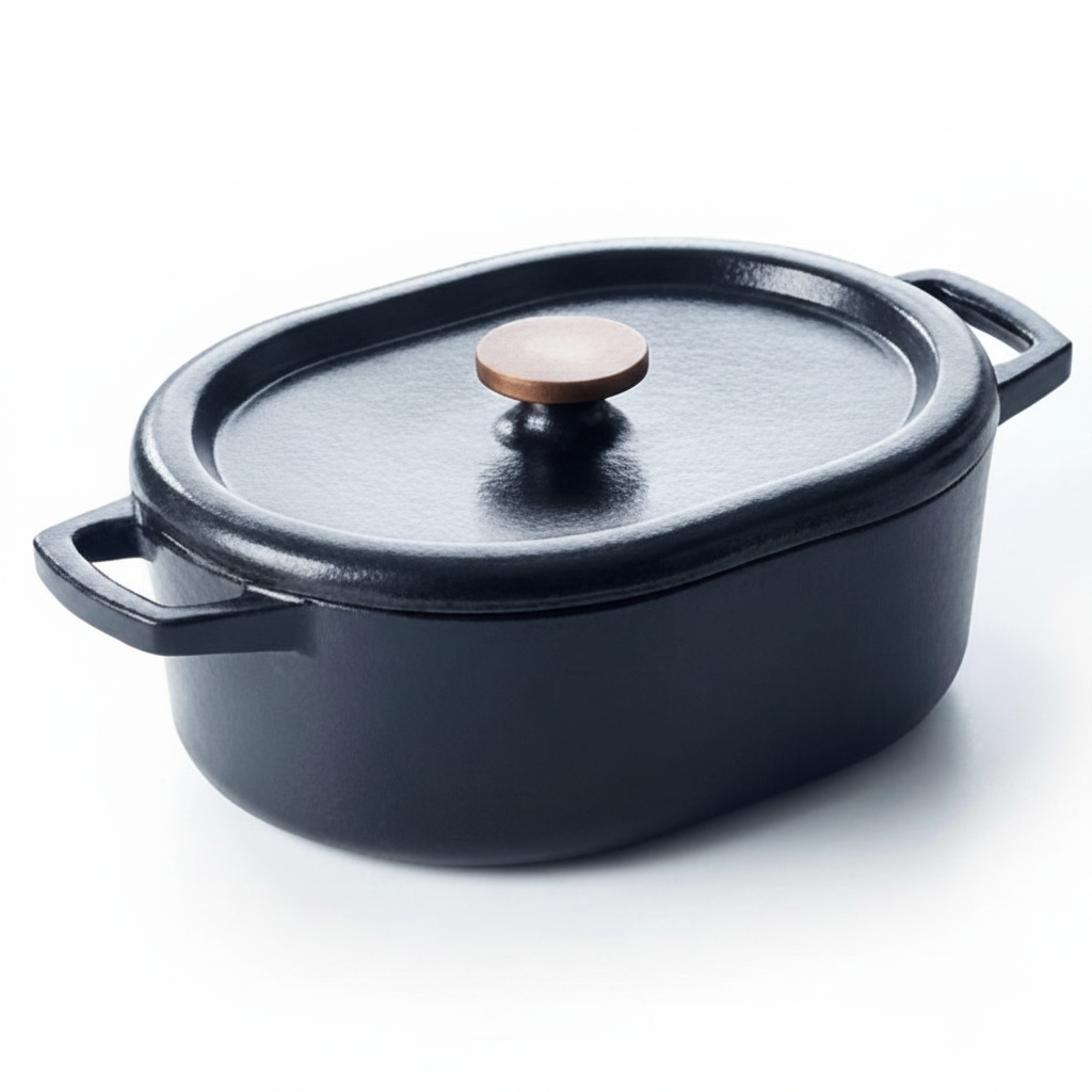 6-qt oval enameled cast iron Dutch oven with lid and copper knob, dark blue